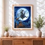 Finished witch and black cat flying over a castle paint by numbers artwork displayed as home decor