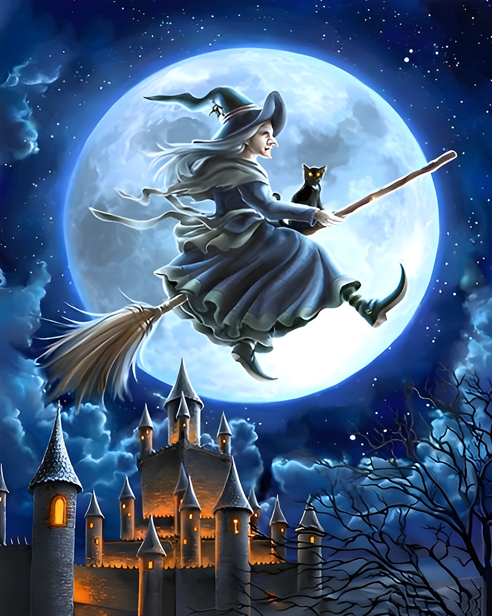 Witch and black cat flying over a castle paint by numbers kit for beginners