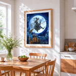 Witch and black cat flying over a castle paint by numbers artwork displayed on wall as home decor