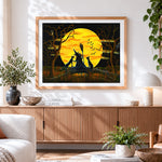 Finished witch and black cats silhouette cross stitch artwork displayed