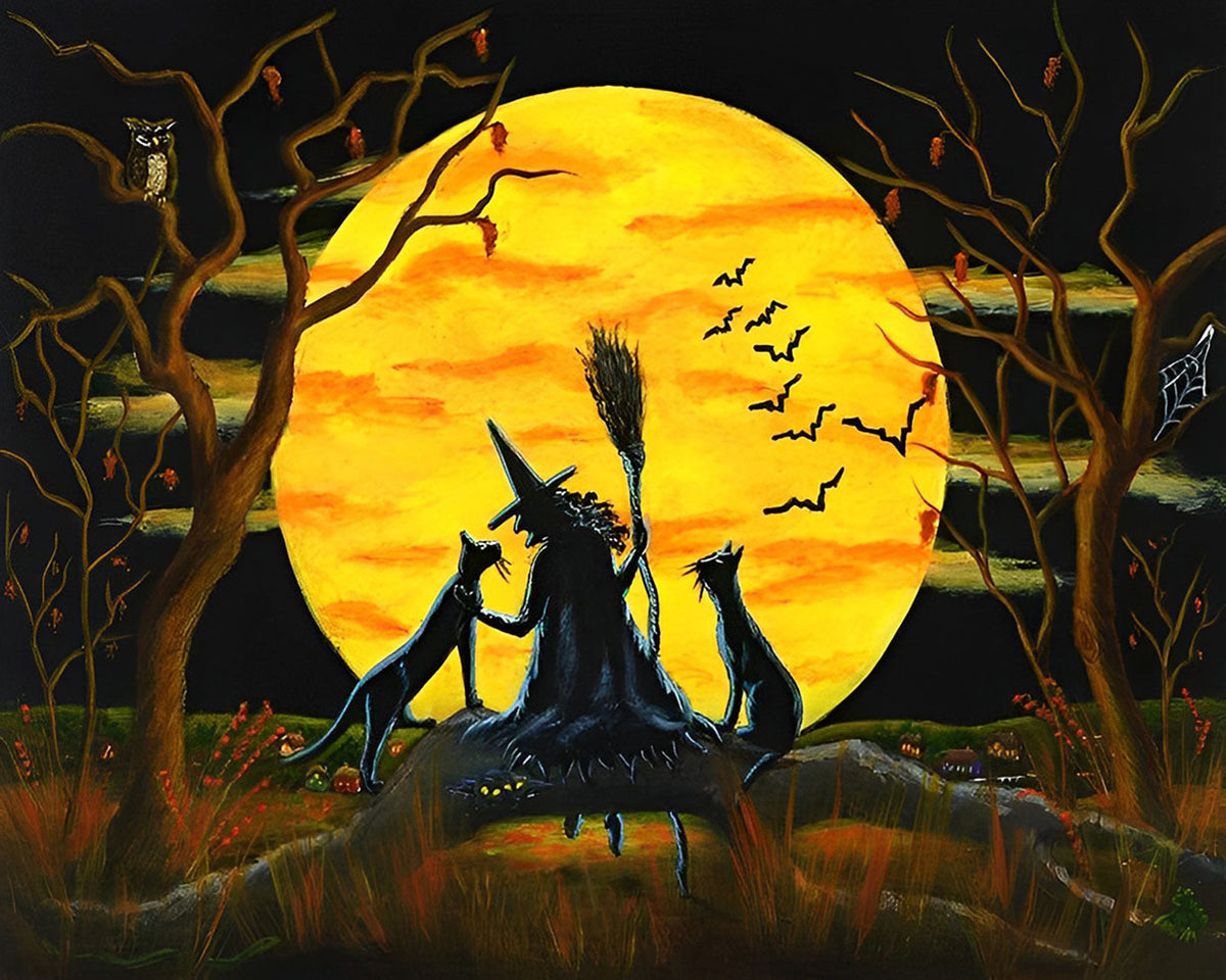 Witch and black cats silhouette cross stitch kit for beginners