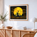 Witch and black cats silhouette cross stitch artwork displayed on wall as home decor