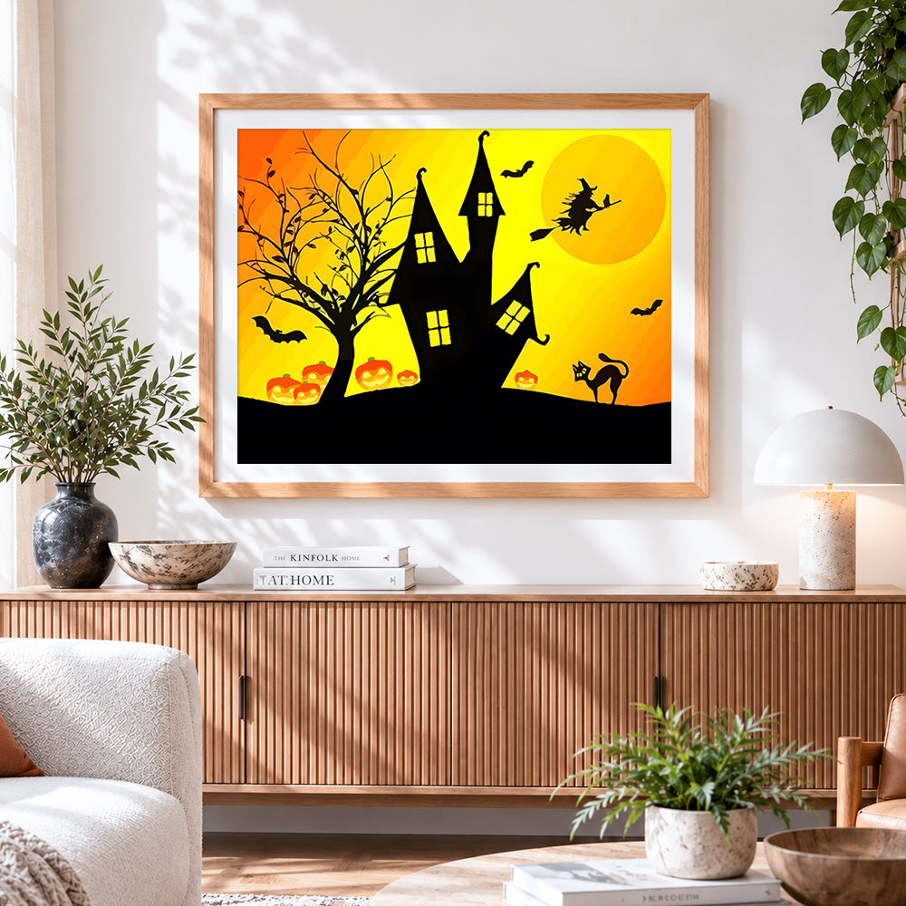 Finished witch black cat and haunted house at sunset paint by numbers artwork displayed as home decor