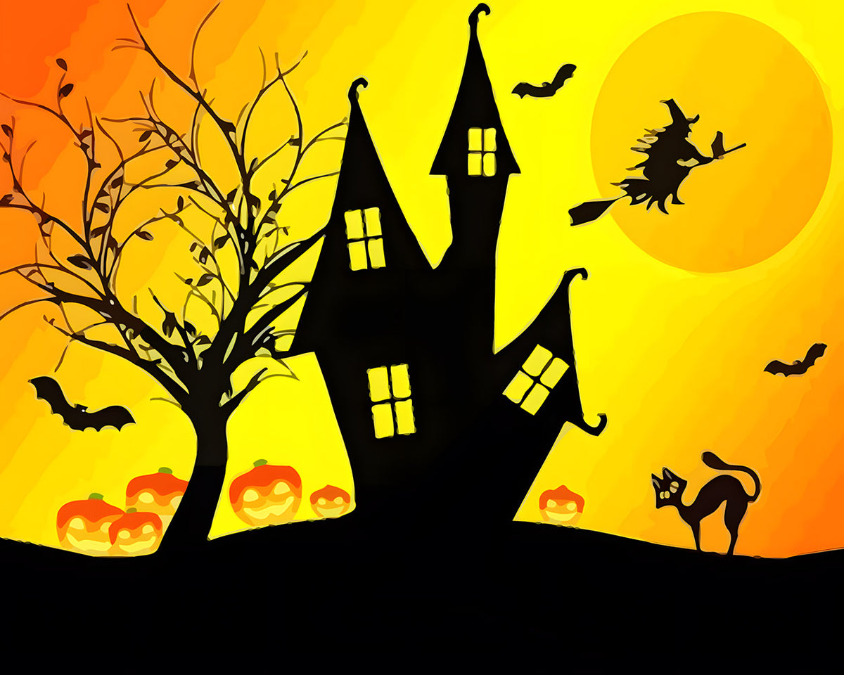 Witch black cat and haunted house at sunset paint by numbers kit for beginners