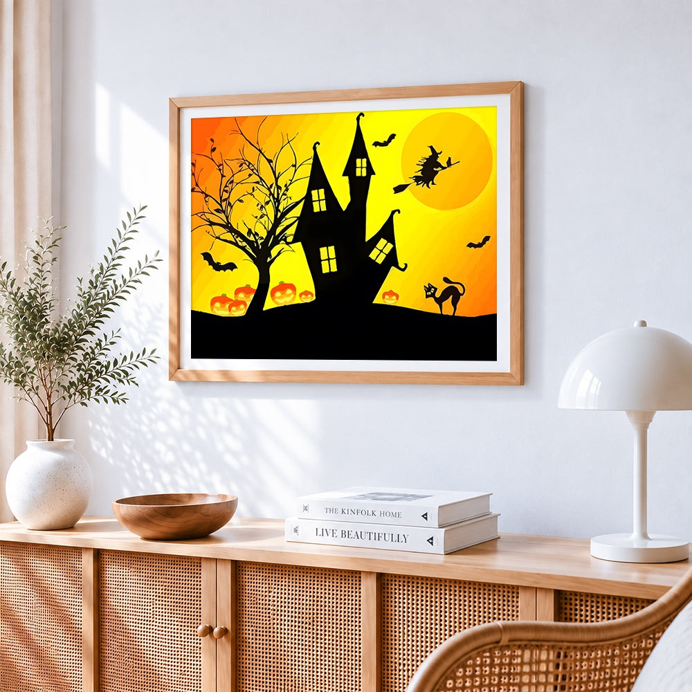 Witch black cat and haunted house at sunset paint by numbers artwork displayed on wall as home decor