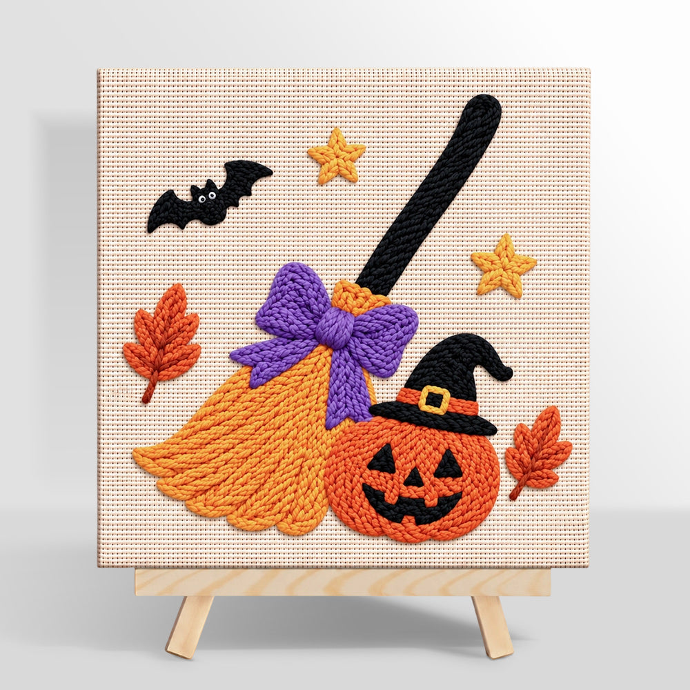 Witch broom and jack‑o‑lantern punch needle kit for beginners