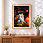 Finished witch cat and spellbook cross stitch artwork displayed