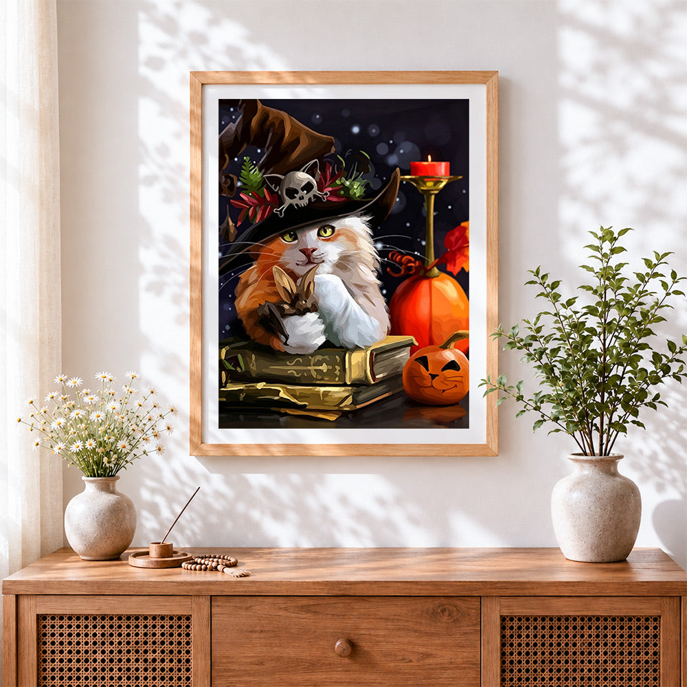 Finished witch cat and spellbook cross stitch artwork displayed