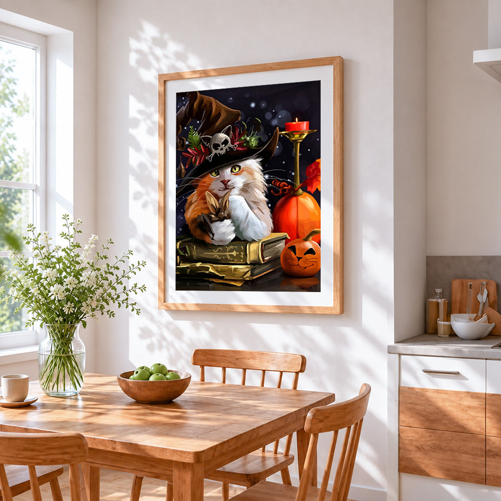 Witch cat and spellbook cross stitch artwork displayed on wall as home decor