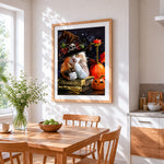Witch cat and spellbook cross stitch artwork displayed on wall as home decor
