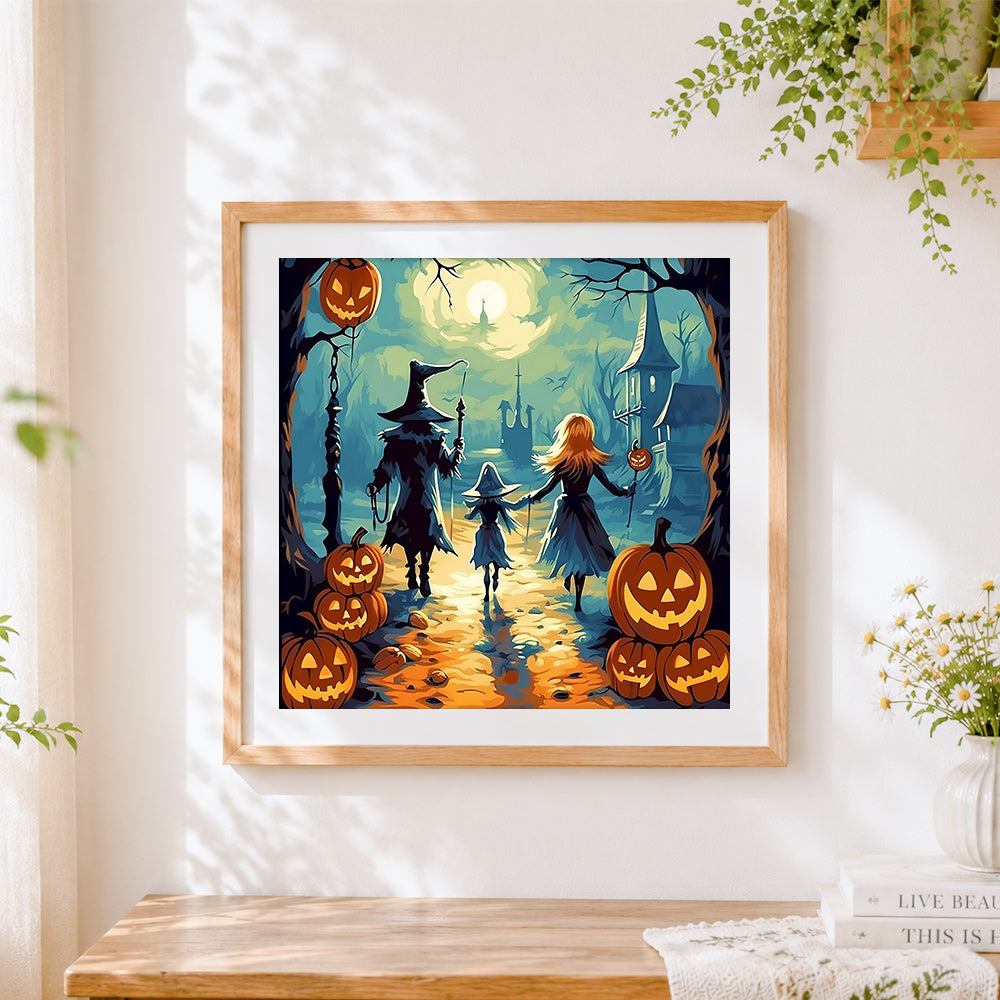 Finished witch family walking with jack-o'-lanterns cross stitch artwork displayed