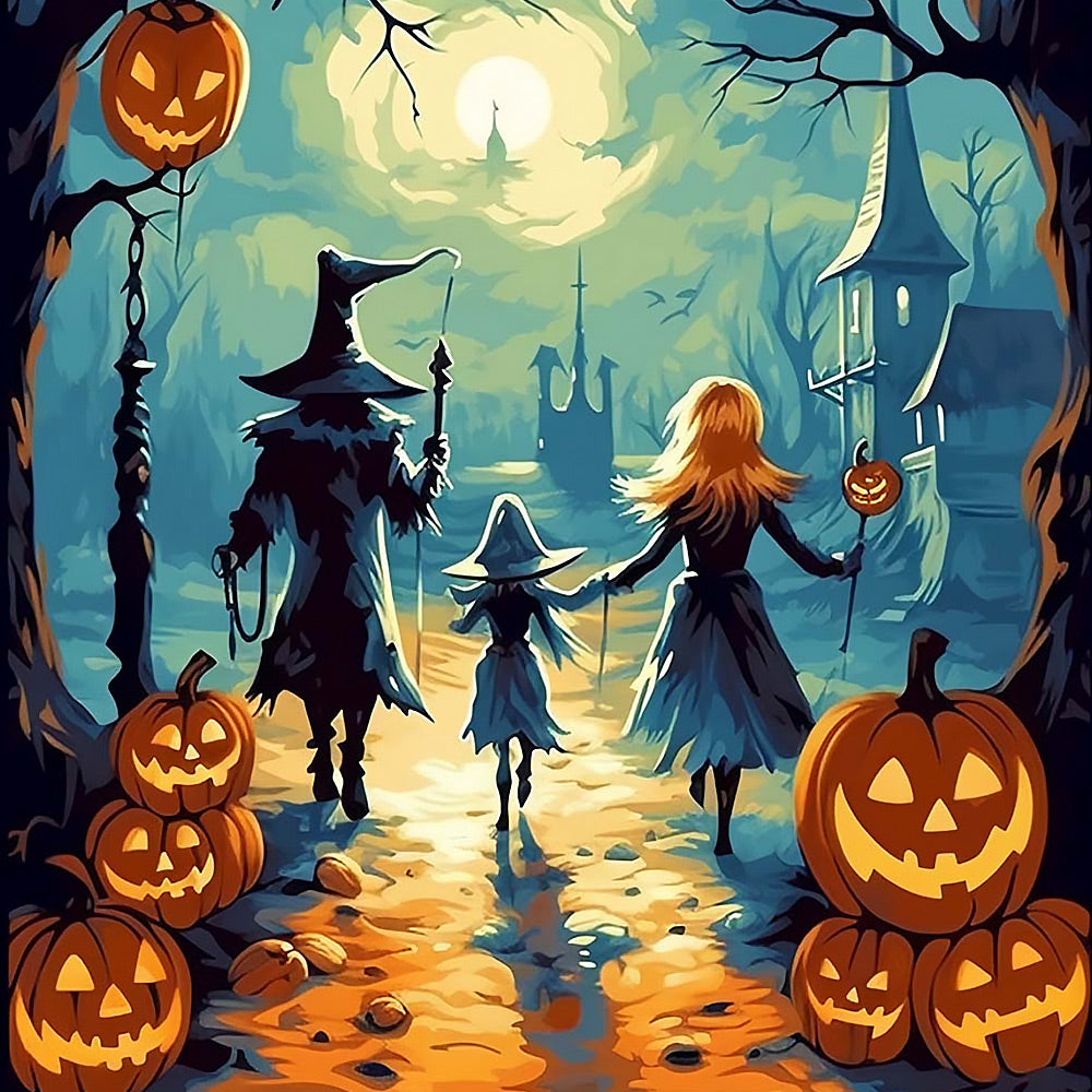 Witch family walking with jack-o'-lanterns cross stitch kit for beginners