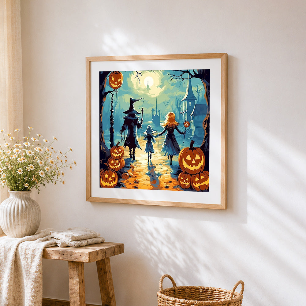 Witch family walking with jack-o'-lanterns cross stitch artwork displayed on wall as home decor