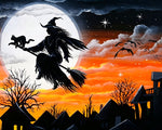 Witch flying on broomstick across the moon cross stitch kit for beginners