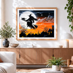 Finished witch flying on broomstick across the moon paint by numbers artwork displayed as home decor
