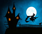 Witch flying over a haunted house cross stitch kit for beginners