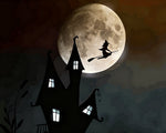 Witch flying past a full moon and spooky castle cross stitch kit for beginners