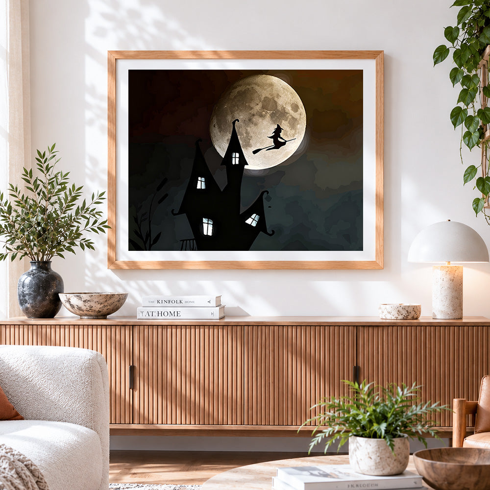 Finished witch flying past a full moon and spooky castle paint by numbers artwork displayed as home decor