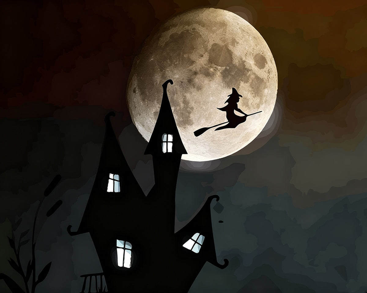Witch flying past a full moon and spooky castle paint by numbers kit for beginners