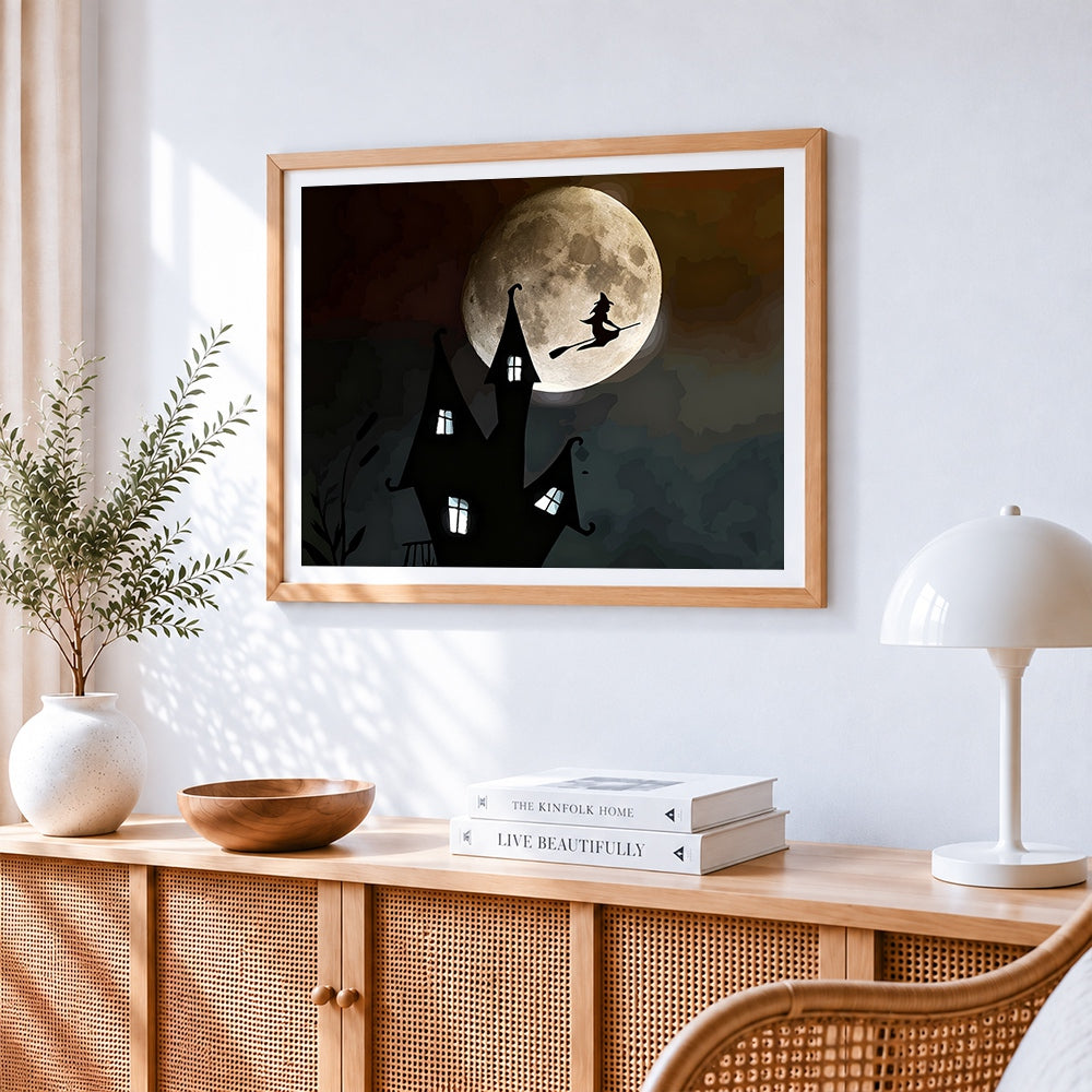 Witch flying past a full moon and spooky castle paint by numbers artwork displayed on wall as home decor