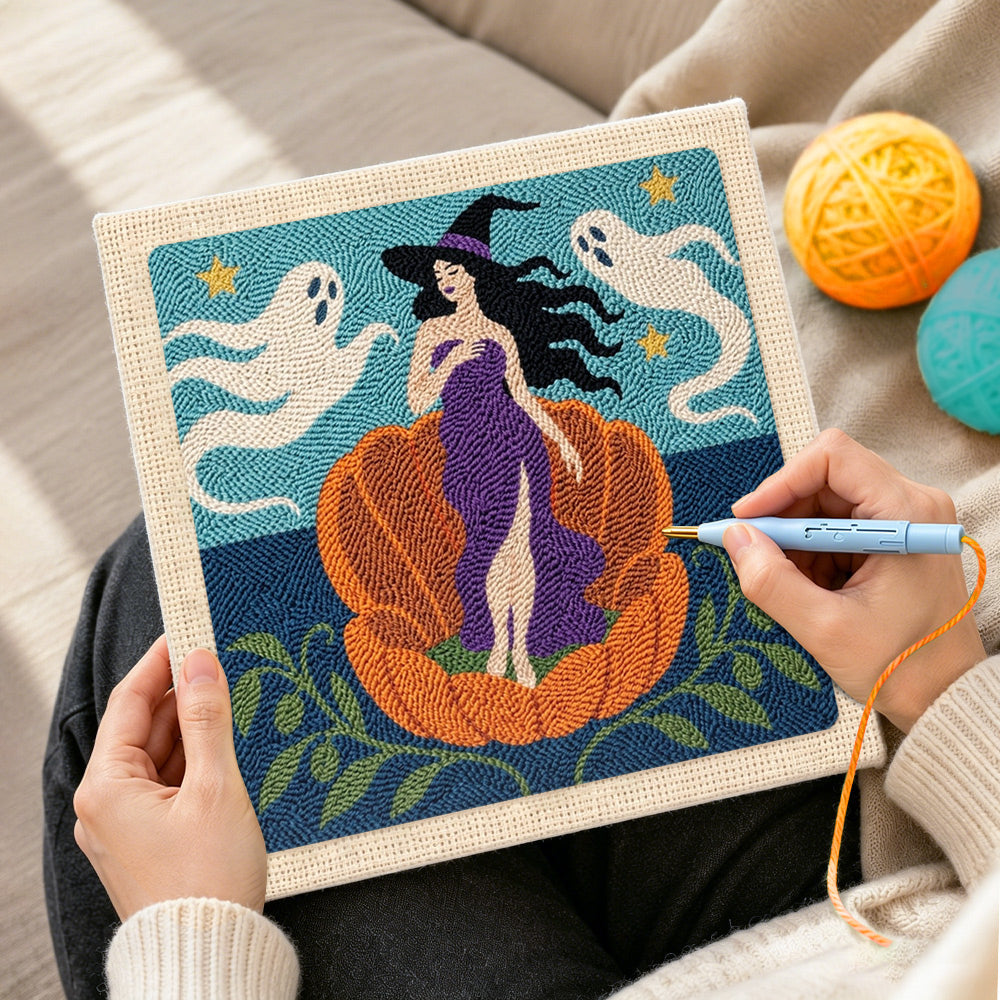 Creating handmade witch in giant pumpkin punch needle artwork