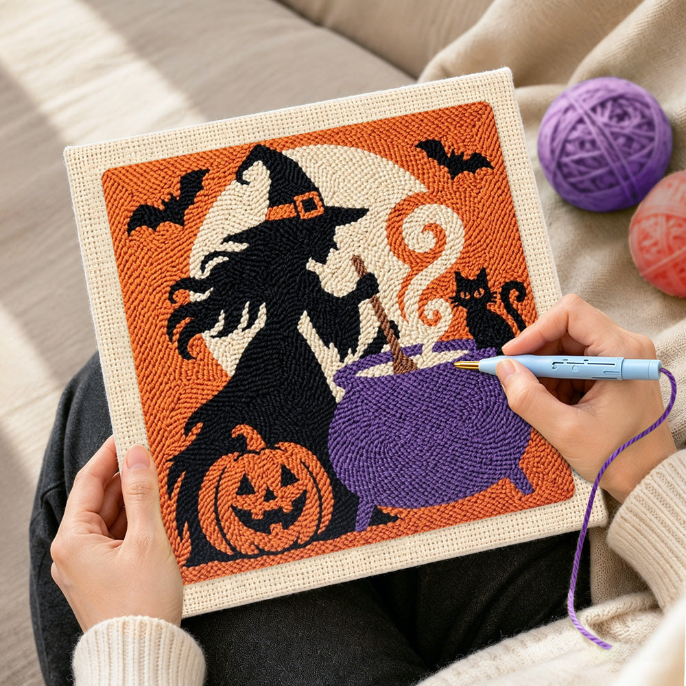 Creating handmade witch stirring magic cauldron punch needle artwork