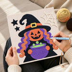 Creating handmade witch with magic cauldron punch needle artwork
