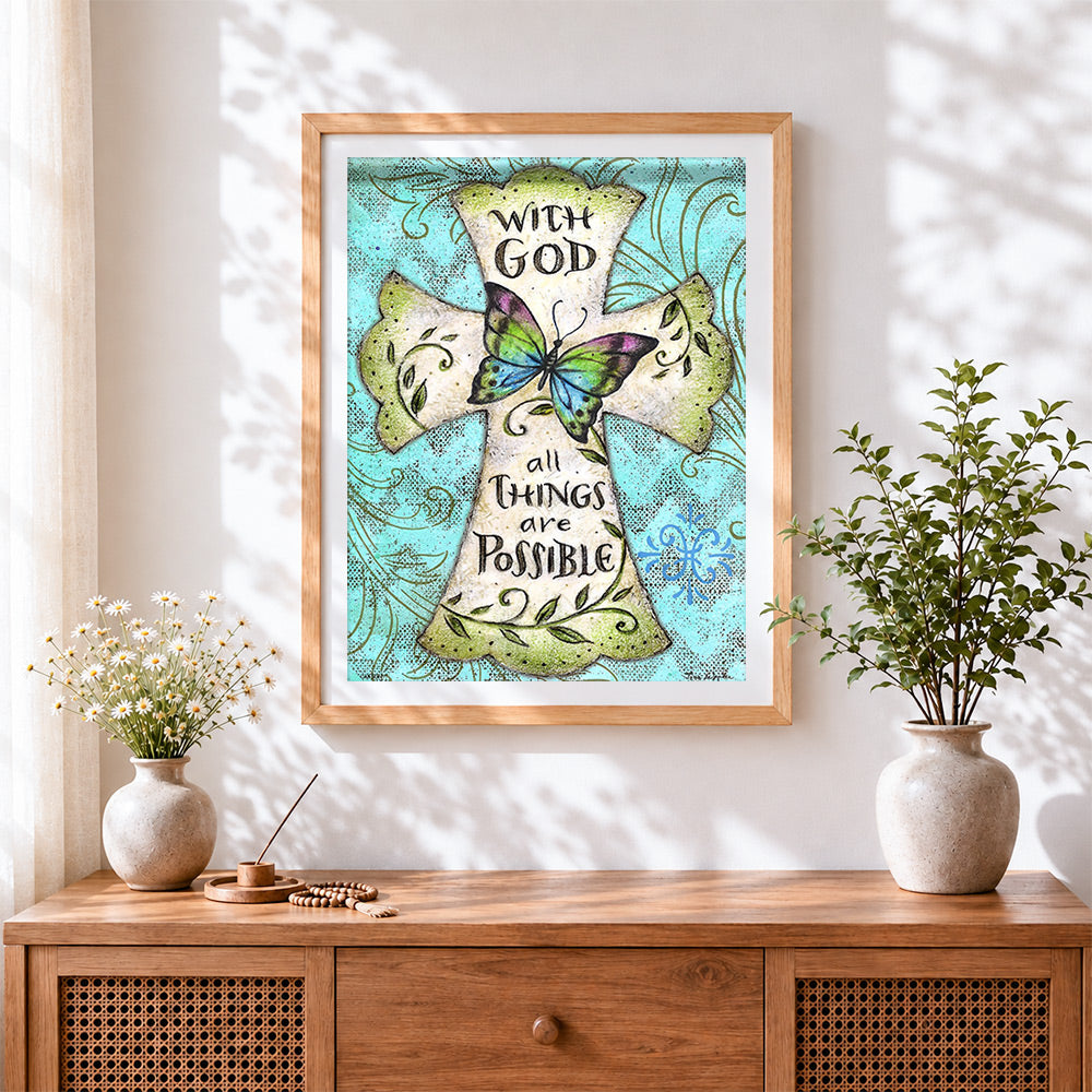 Finished "with god all things are possible" cross cross stitch artwork displayed