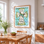 "With god all things are possible" cross cross stitch artwork displayed on wall as home decor