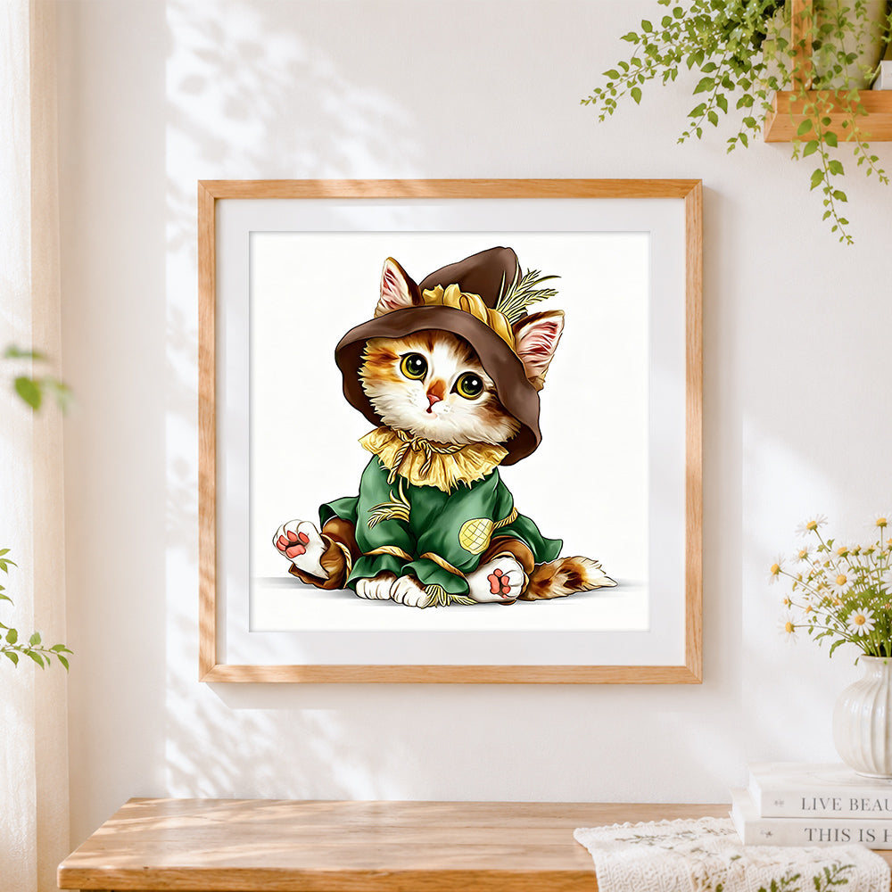 Finished wizard cat in hat cross stitch artwork displayed