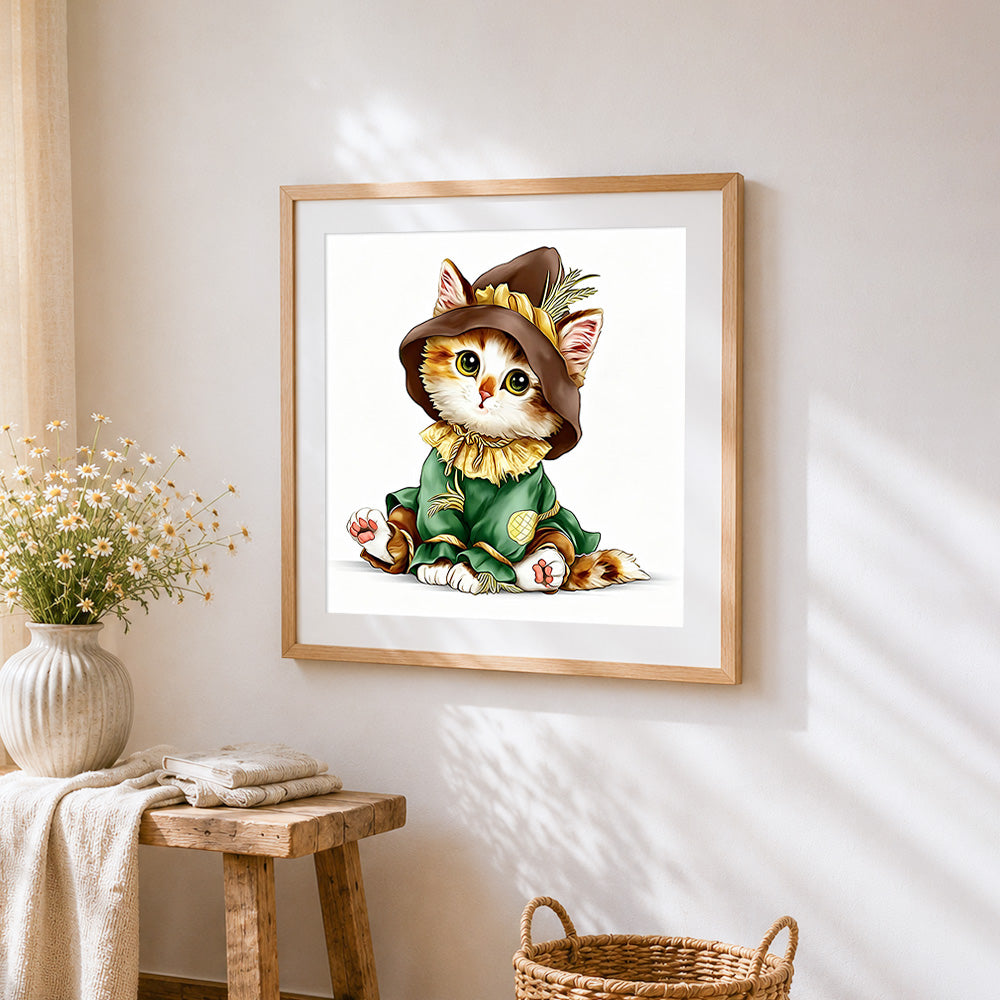 Wizard cat in hat cross stitch artwork displayed on wall as home decor