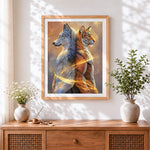 Finished wolf and tiger back to back cross stitch artwork displayed