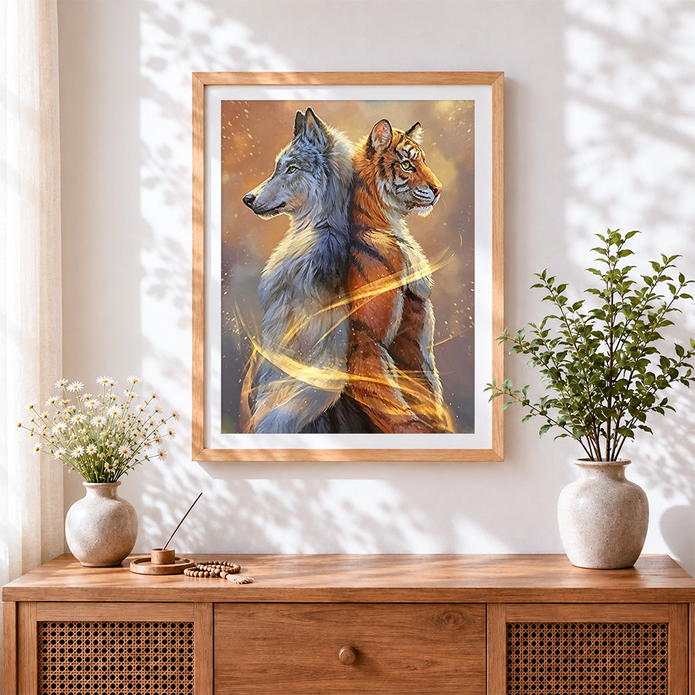 Finished wolf and tiger back to back cross stitch artwork displayed