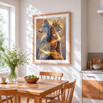 Wolf and tiger back to back cross stitch artwork displayed on wall as home decor