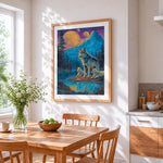 Wolf family under starry mountains cross stitch artwork displayed on wall as home decor
