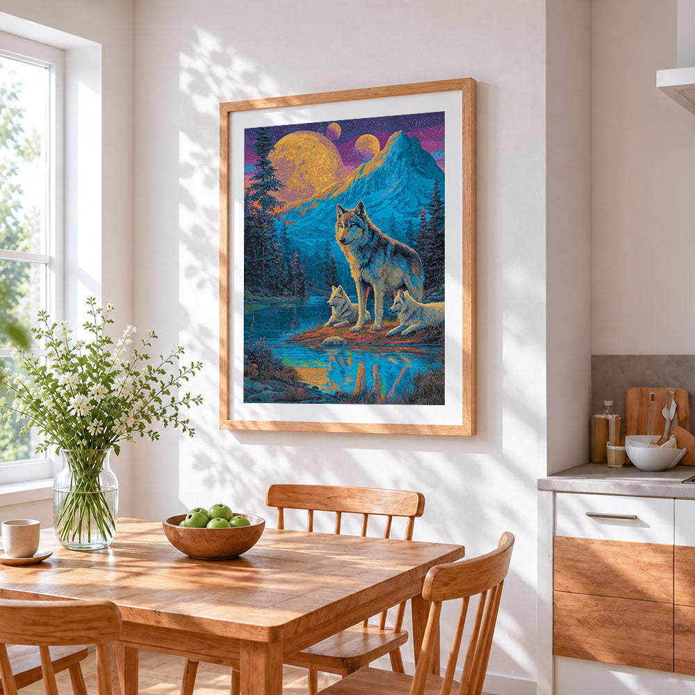 Wolf family under starry mountains cross stitch artwork displayed on wall as home decor