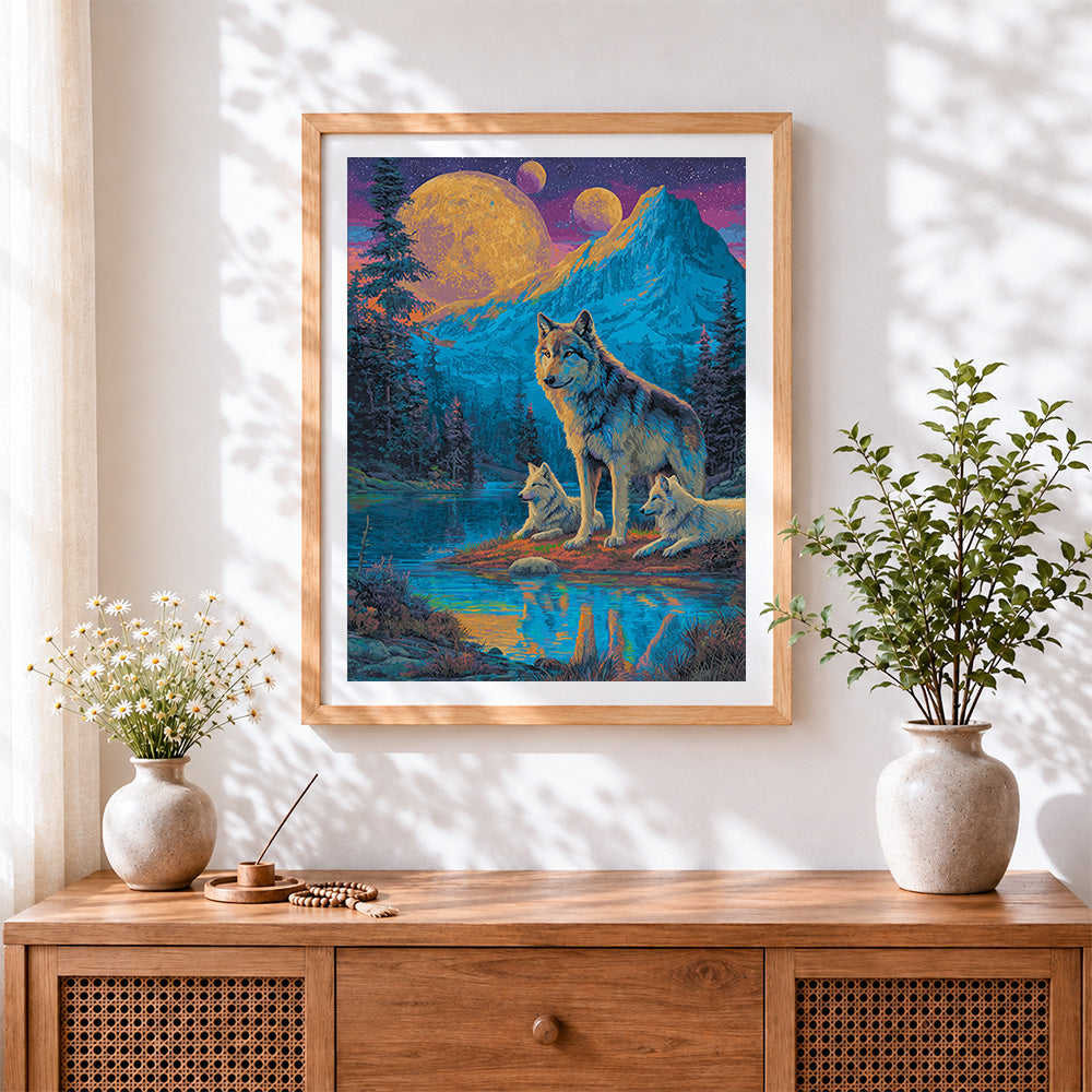 Finished wolf family under starry mountains paint by numbers artwork displayed as home decor