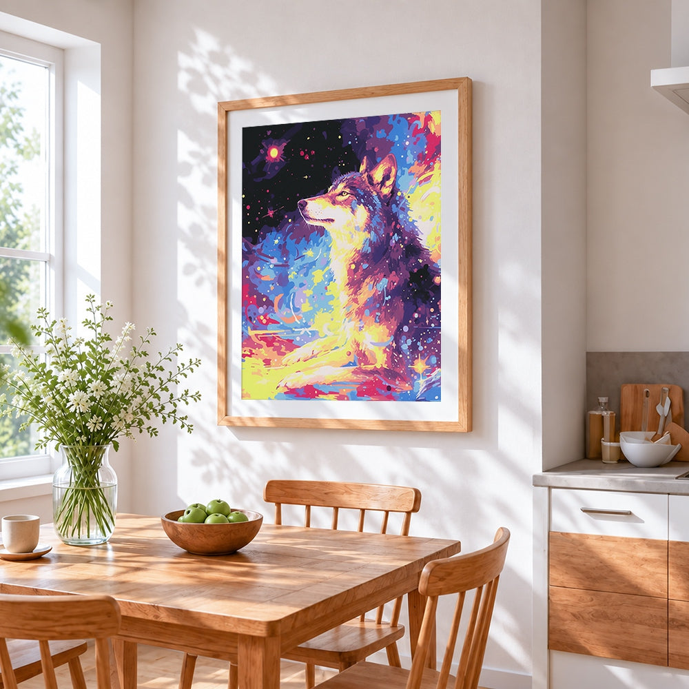 Wolf in cosmic space cross stitch artwork displayed on wall as home decor