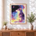 Finished wolf in cosmic space paint by numbers artwork displayed as home decor