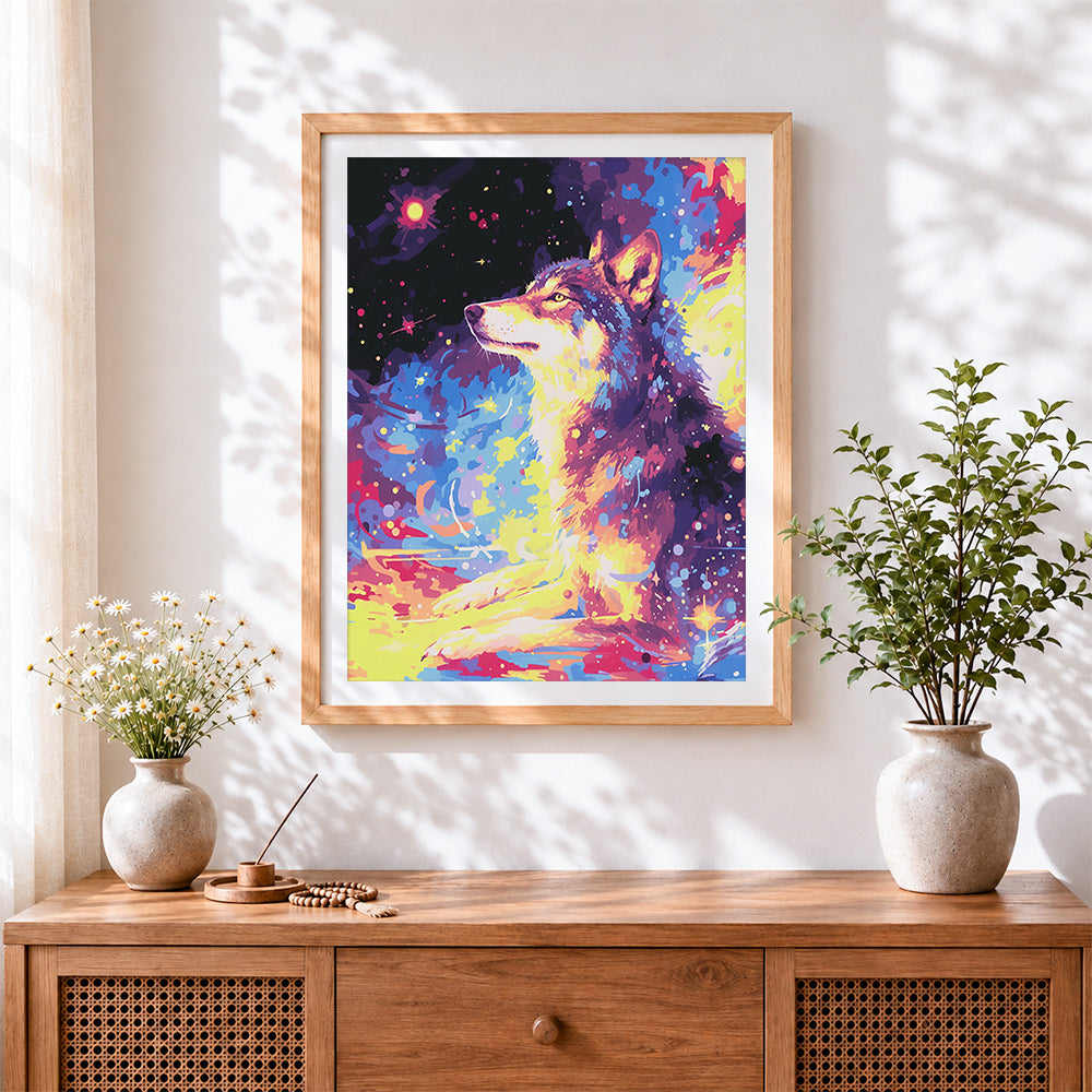 Finished wolf in cosmic space paint by numbers artwork displayed as home decor
