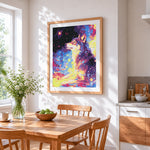 Wolf in cosmic space paint by numbers artwork displayed on wall as home decor