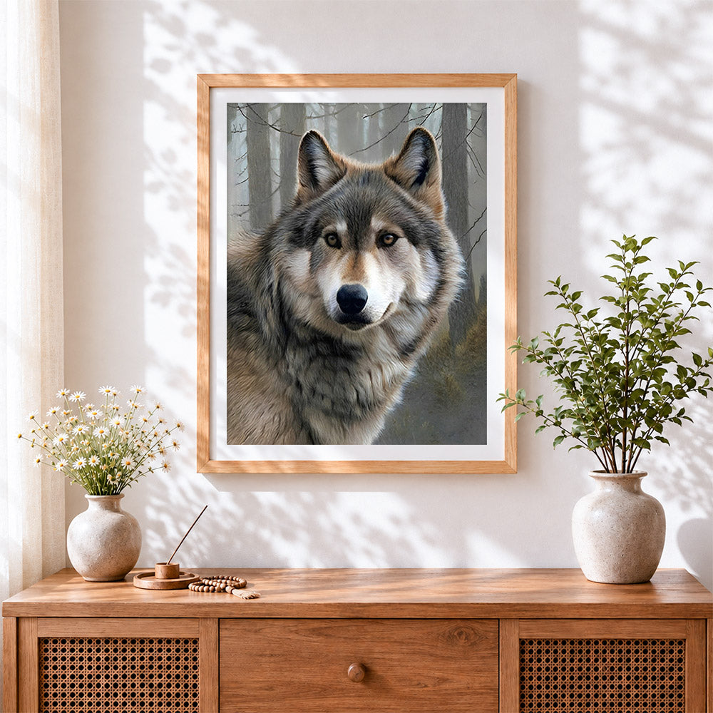 Finished wolf in misty forest cross stitch artwork displayed