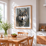 Wolf in misty forest cross stitch artwork displayed on wall as home decor