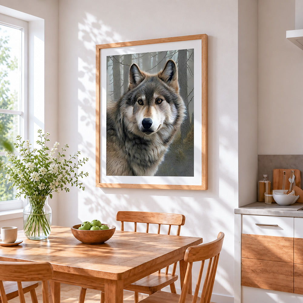Wolf in misty forest cross stitch artwork displayed on wall as home decor