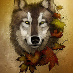 Wolf portrait with autumn leaves cross stitch kit for beginners