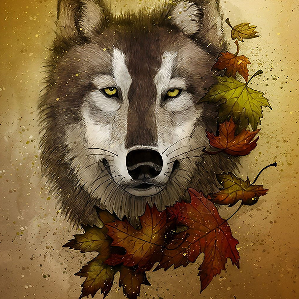 Wolf portrait with autumn leaves cross stitch kit for beginners