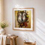 Wolf portrait with autumn leaves cross stitch artwork displayed on wall as home decor