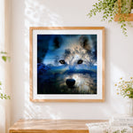 Finished wolf spirit in a forest landscape cross stitch artwork displayed