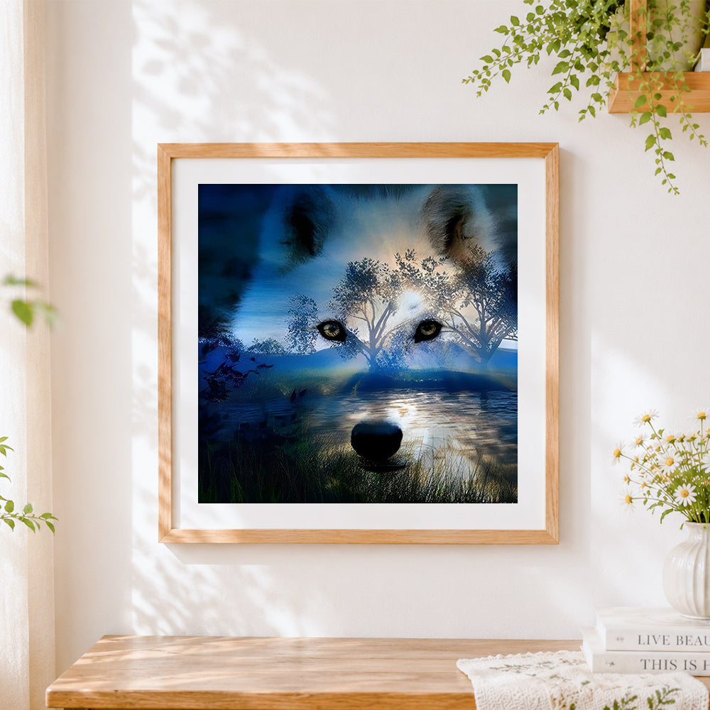 Finished wolf spirit in a forest landscape cross stitch artwork displayed