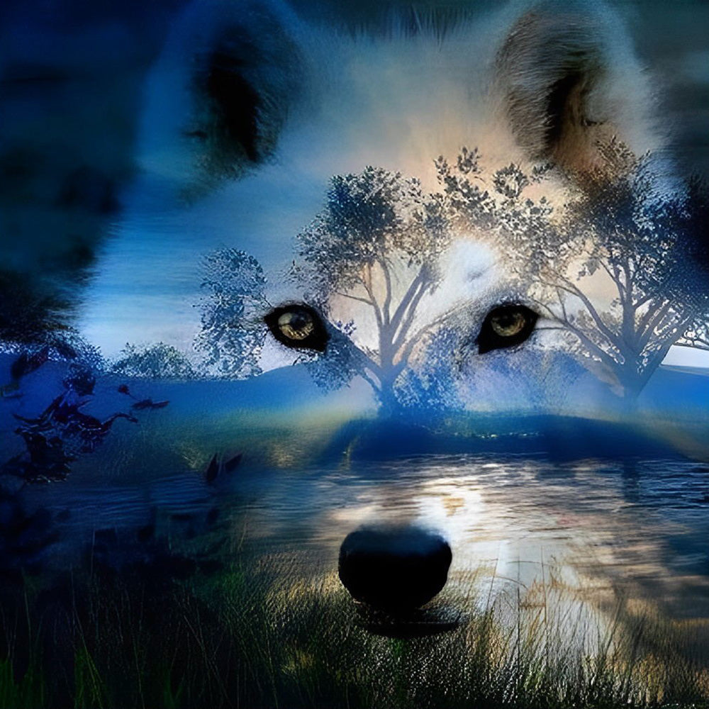 Wolf spirit in a forest landscape cross stitch kit for beginners